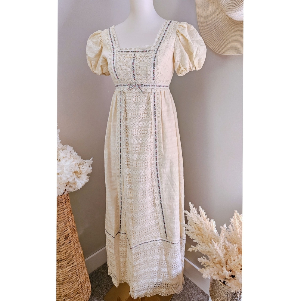 Vintage 70s Cream Lace Puff Sleeve Empire Waist Maxi Dress